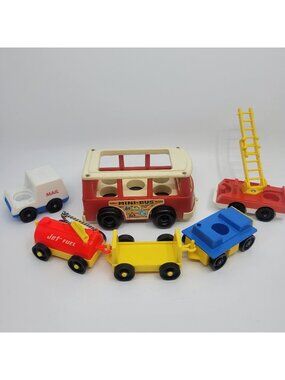 Fisher Price Play Family Lot of Vehicles - Mini Bus, Fire & Mail, Jet Fuel Cart